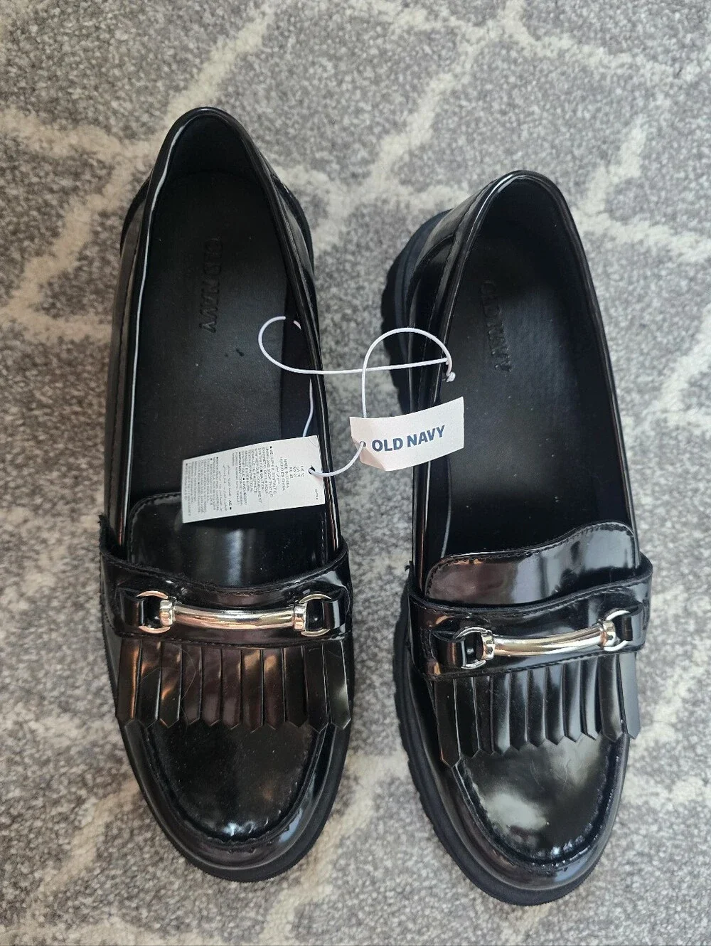 Old Navy Black Patent Loafers with Fringe and Silver Bit